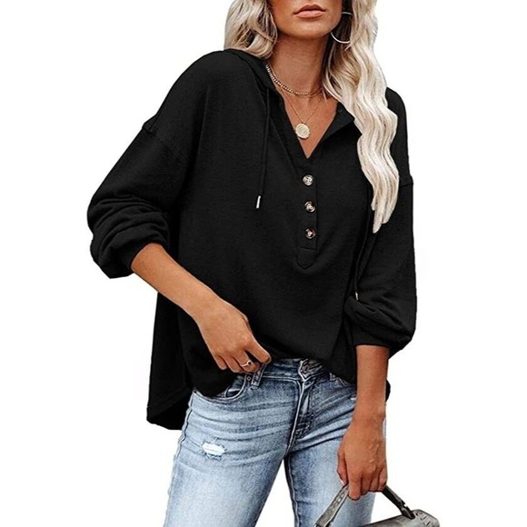 LuckyMore Hoodie Casual V Neck Long Sleeve Henley Oversized Top Womens L Black - Picture 5 of 15